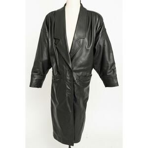 Vintage LNR Petites Genuine Leather Long Coat Black Shoulder Pads Back Vent PM